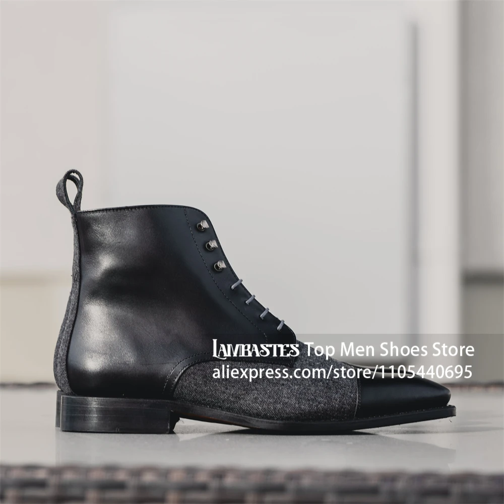 Men's Cap Toe Leather Splicing Booties Black Grey Lace Up Ankle Dress Boots British Style Business Formal Oxford Boots for Daily