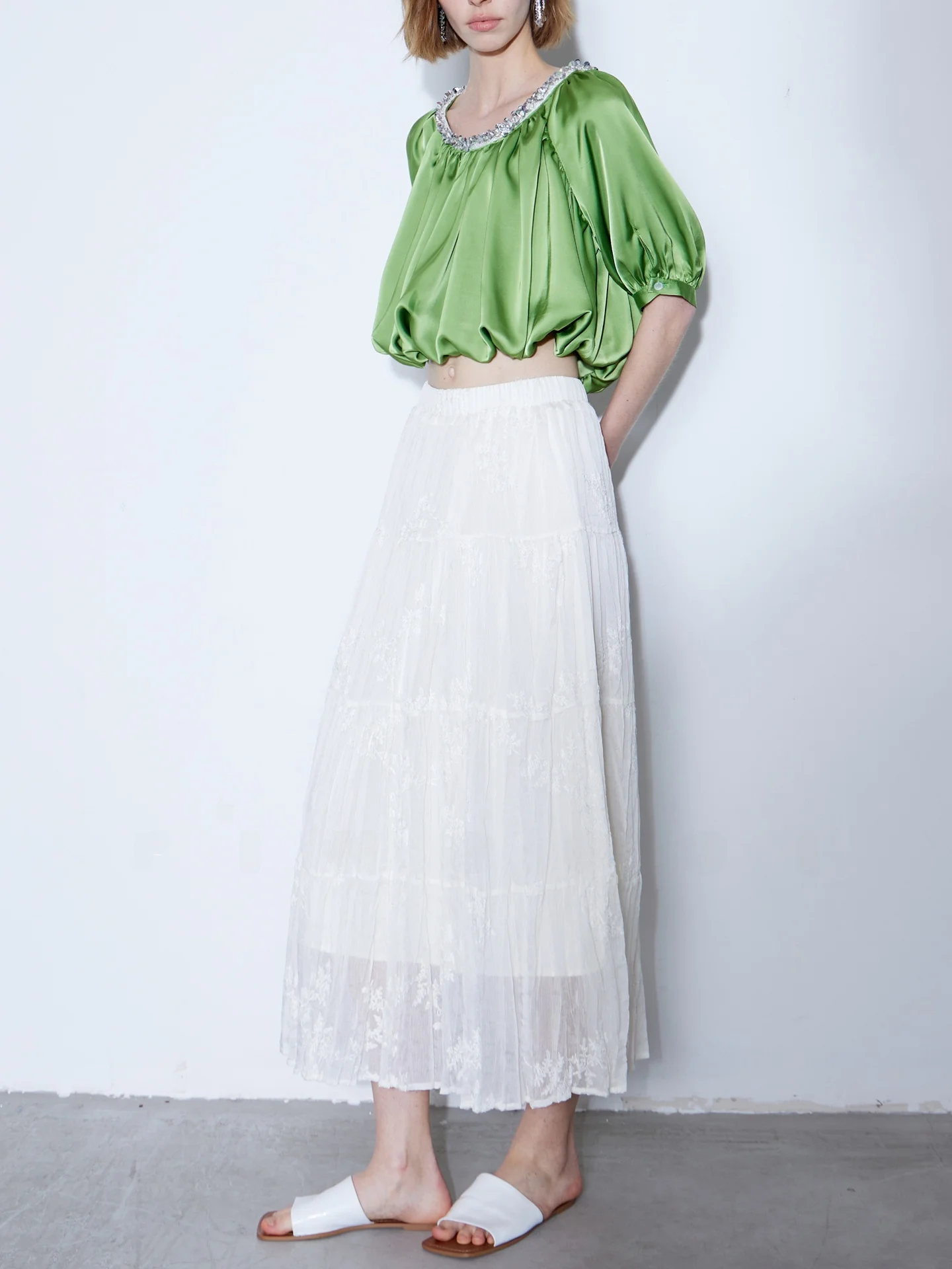 Finocci Romantic Design Puffy Three-Dimensional Texture Pleated Lace Embroidery Fairy Half Skirt A-Line High Waist Elastic Po...