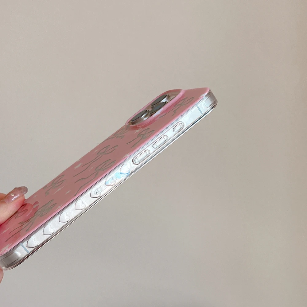Casing HP Pink Pelindung Anti Benturan dengan Hiasan Pita Berongga dan Glitter untuk iPhone 13 15 14 16 17 Pro Max, Cover Cantik Berkilau