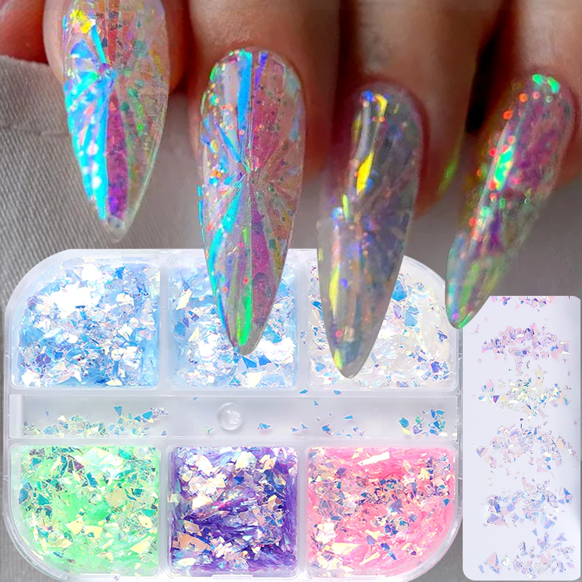 6-Grid Iridescent Opal-Style Flake Nail Sequins – Macaron Aurora Translucent Shimmer Flakes DIY Nail Art Decorations