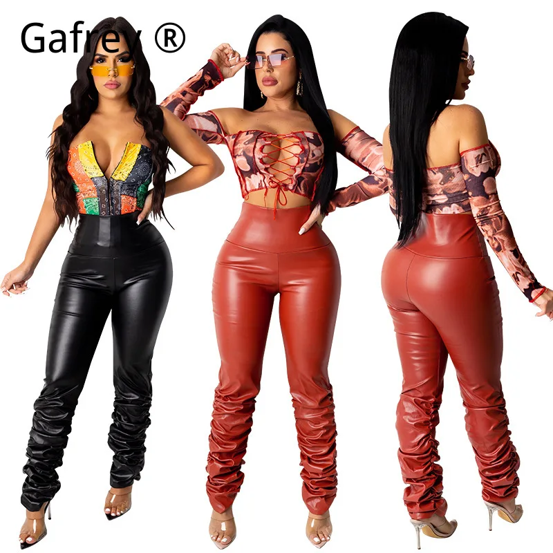 

Женские сексуальные брюки из искусственной кожи с рюшами, с высокой талией, облегающие, стрейчевые, в байкерском стиле, для клуба и уличной моды