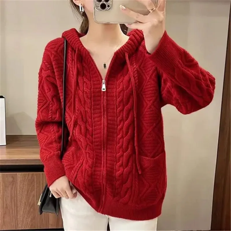 Loose Hooded Cardigan Women's Coat Spring And Autumn 2022 New Style Red Sweater Female Outerwear Knitting Hoodie Women's Tops