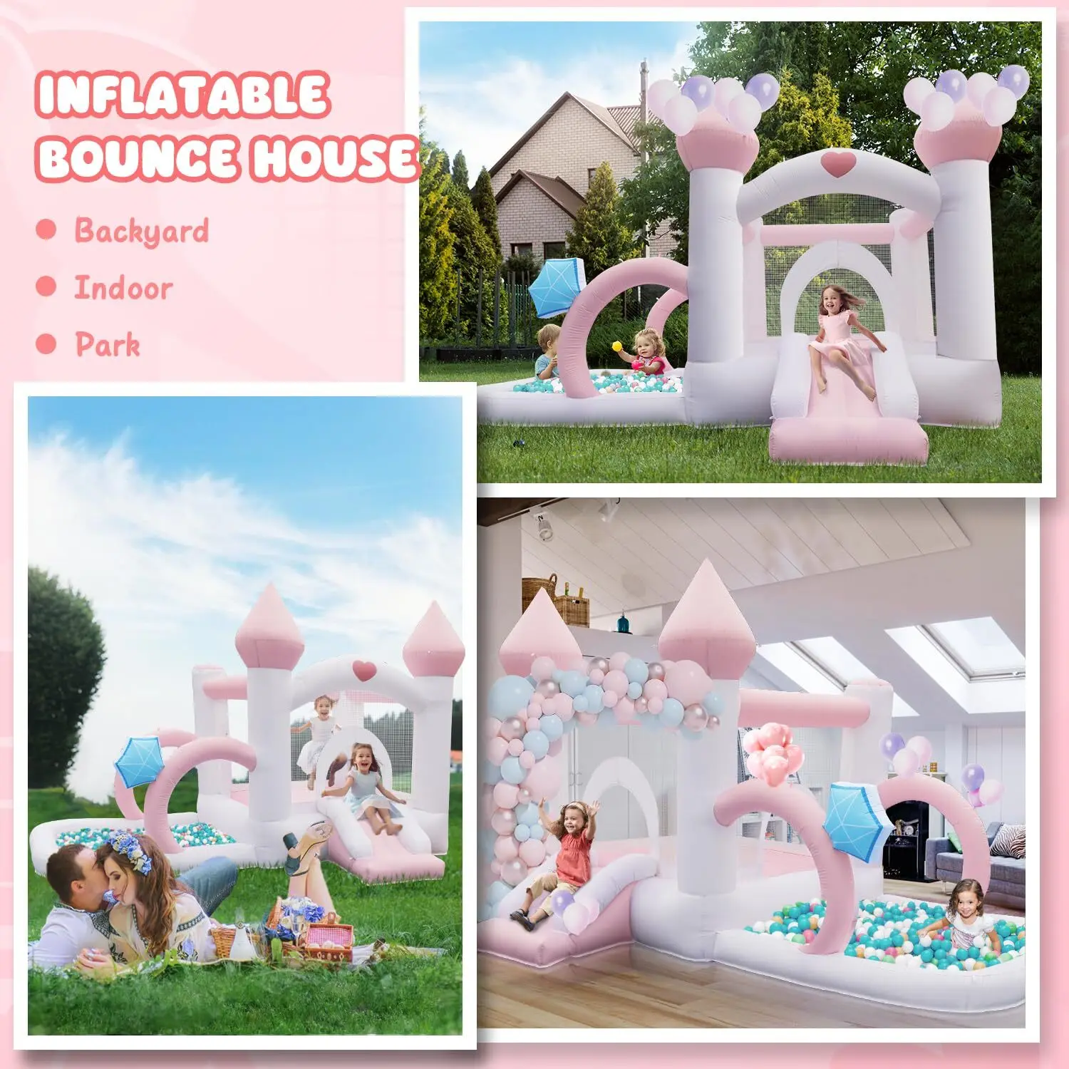 FBSPORT White Bounce House, Jumping Bouncy Castle Slide Ball Pit, Backyard Iatable Bouncer For Wedding Party Indoor &