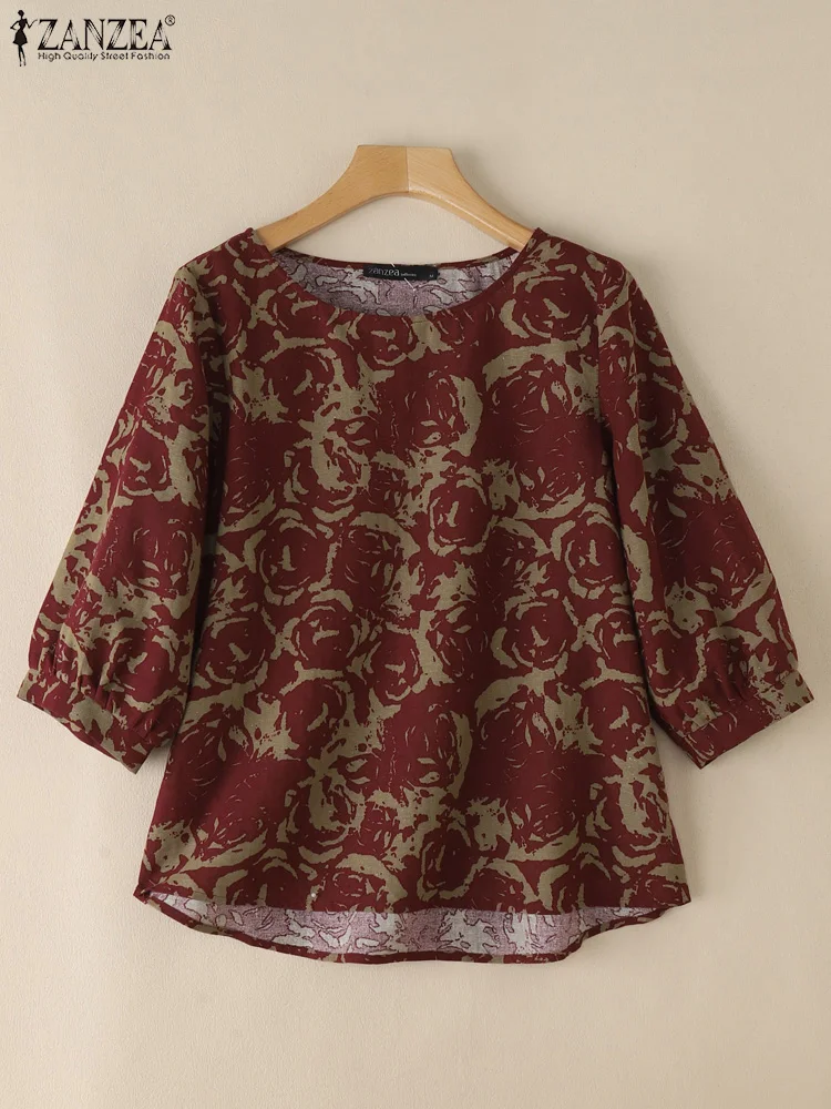 ZANZEA Woman Vintage Floral Printed Cotton Blouses Summer Casual 3/4 Sleeve O-Neck Blusas Mujer Vacation Loose Day Wear Tops