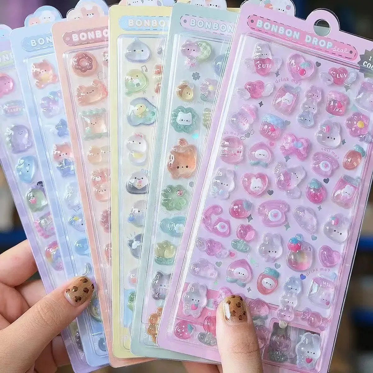 1-6pcs Kawaii 3D Jelly Resin Stickers Cute Cartoon Sparkle Transparent Decals for Scrapbooking Phone Case Laptop DIY Decor.