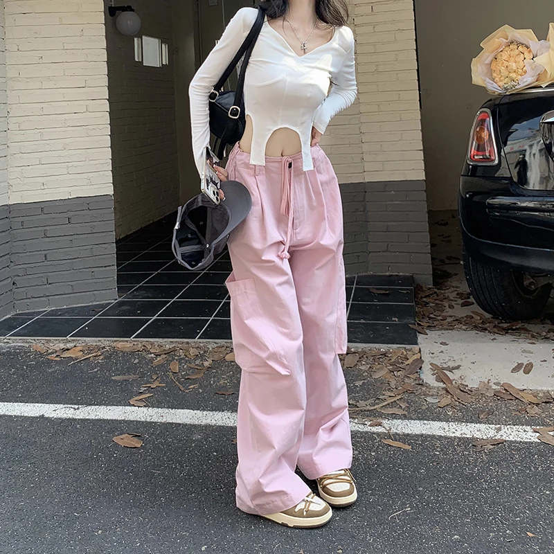 

Vintage Fashion Sweet Cool Suit Irregular Short Long-Sleeved T-shirt Women's Autumn Pink Wide Leg Overalls