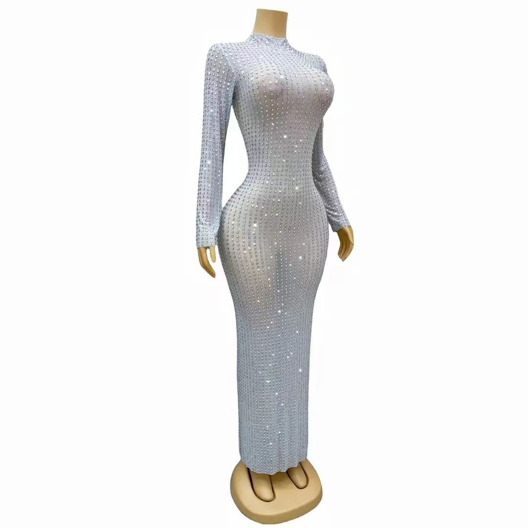 Female Long Dress Mesh Silver Crystals Rhinestones Celebration Wedding Evening Elegant Sexy Slim Performance Clothes Stage Wear