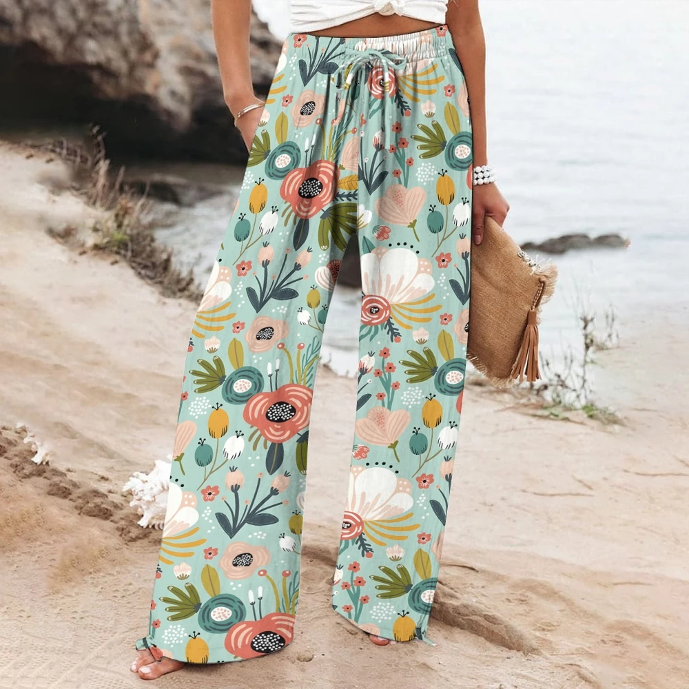 Hawaiian Style Casual Trousers Print Beach Fashion New Pants Women's High-Waisted Straight Pants Cotton Street Wide-Leg Trousers