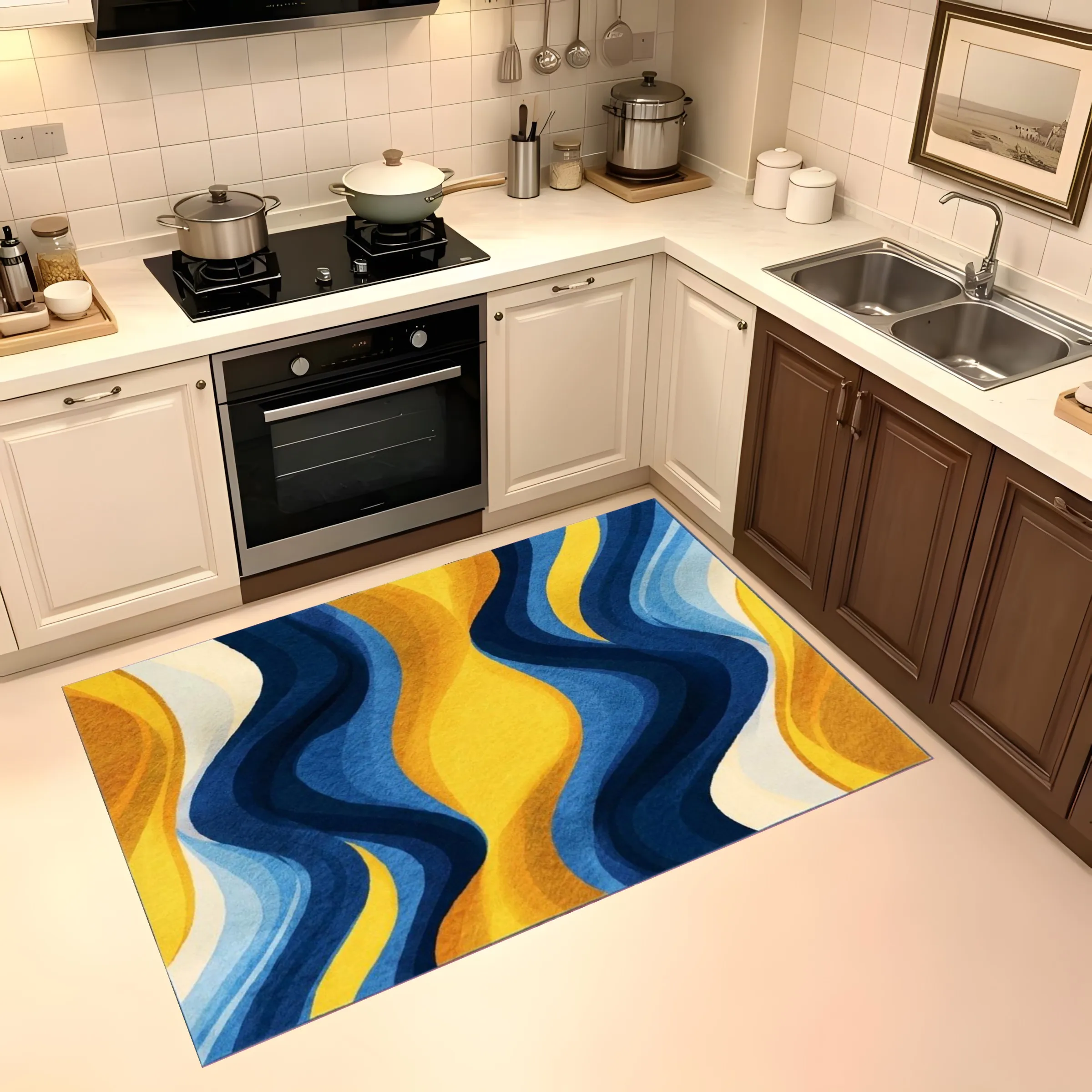 Large Area Rug Yellow Blue Gradient Wave Print Modern Light Luxury Style Soft Velvet Living Room Bedroom Home Decor Area Rug