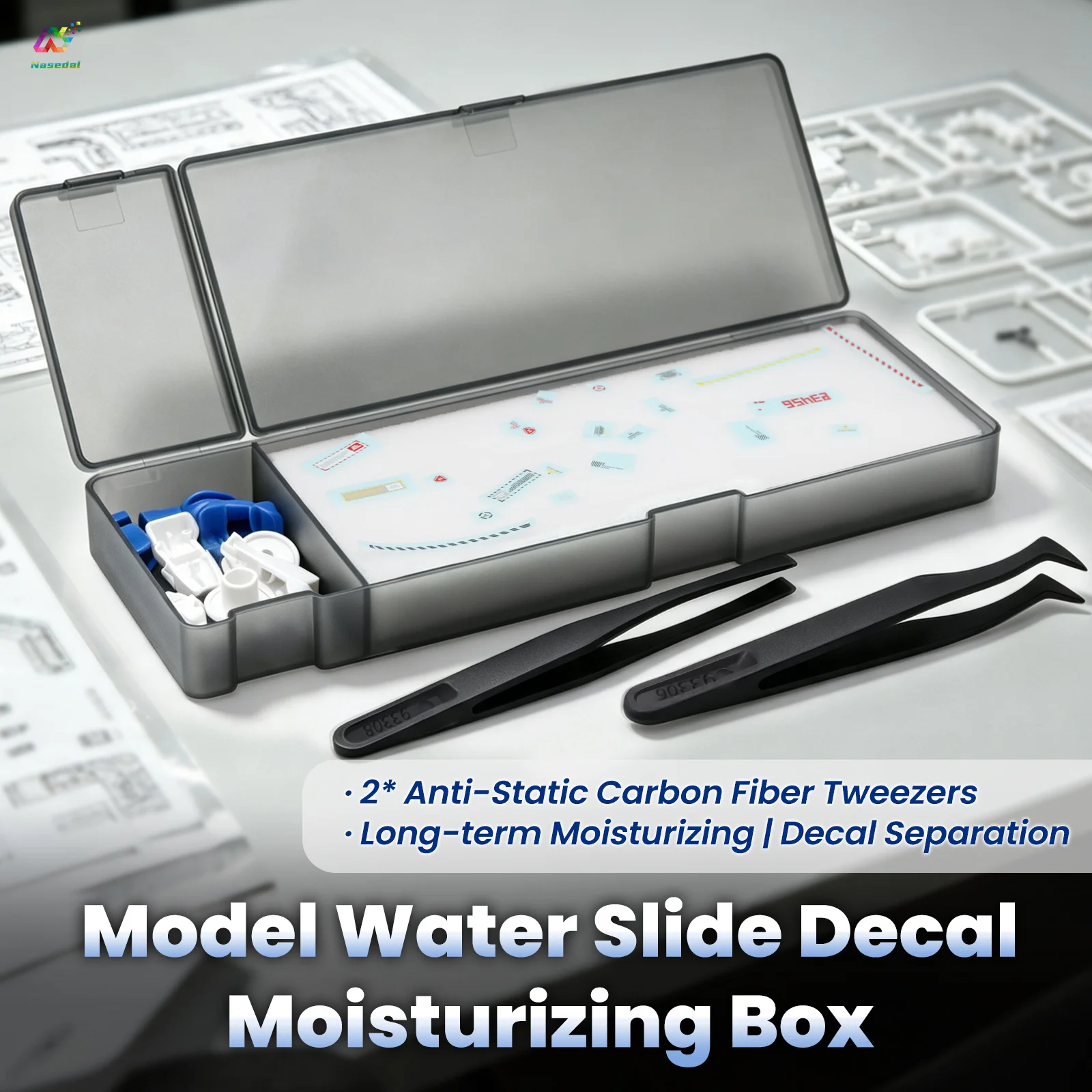 Nasedal Water Slide Decals Moisturizing Separation Box With Anti‑Static Carbon Fiber Tweezers for Gundam Scale Model Hobby Tools