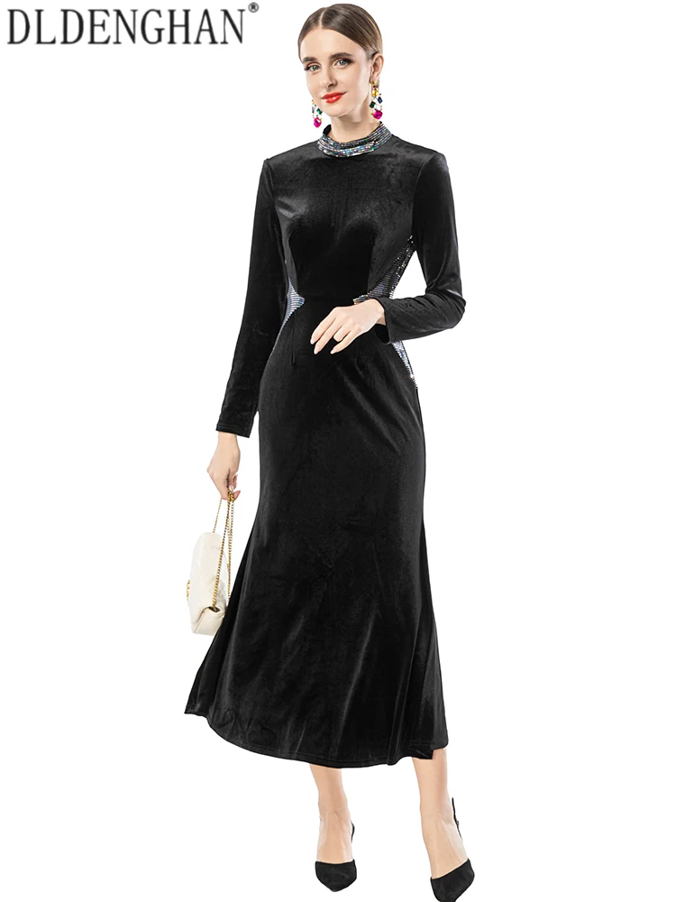 DLDENGHAN Elegant Black Velvet Dress with Diamonds Stand Collar Long Sleeve Mermaid Style Women Fashionable Party Wear Autumn