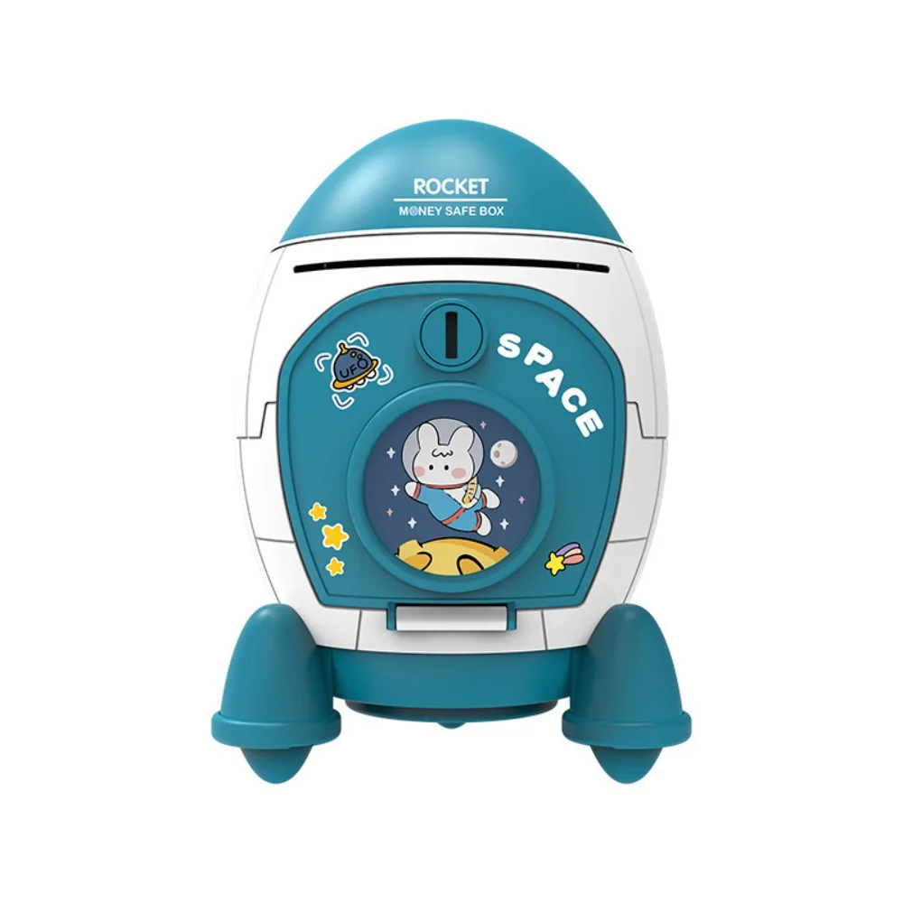 Cute Children Piggy Bank with Cartoon Sticker Multi-purpose Space Rocket Shape Cash Box Plastic Money Box Kids Gift Toy