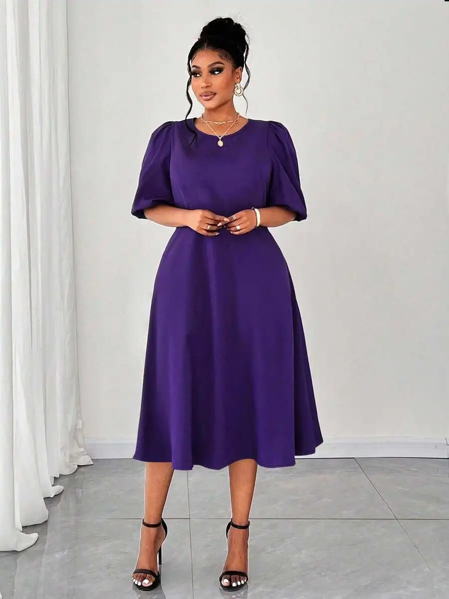 

Women's Purple Midi Dress with Puff Sleeves and A-Line Skirt