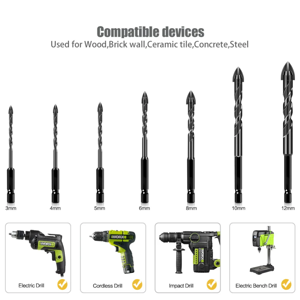 Hex Shank 4-Cutter Cross Tile Drill Bit Carbide Spear Drill Bits for Ceramic Tile Brick Concrete Glass Wood Metal Drilling view 3
