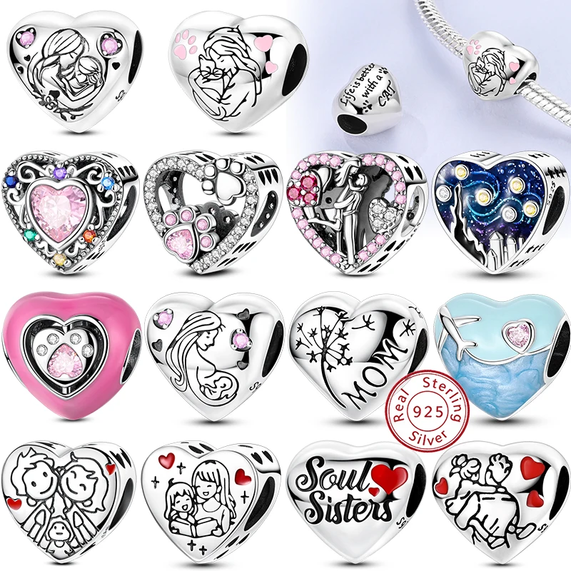 925 Sterling Silver Family Friendship Parent-Child CZ Zircon LOVE Heart Charm Beads Fit Original Bracelet DIY Women Jewelry Gift