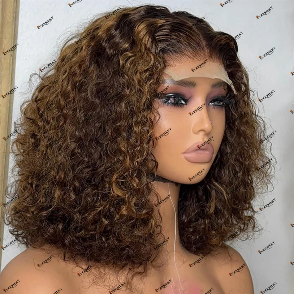 Brown Auburn Blonde Highlight Kinky Curly Human Hair Lace Closure Wig for Black Women Afro Kinky Curly Remy Indian Hair Lace Wig