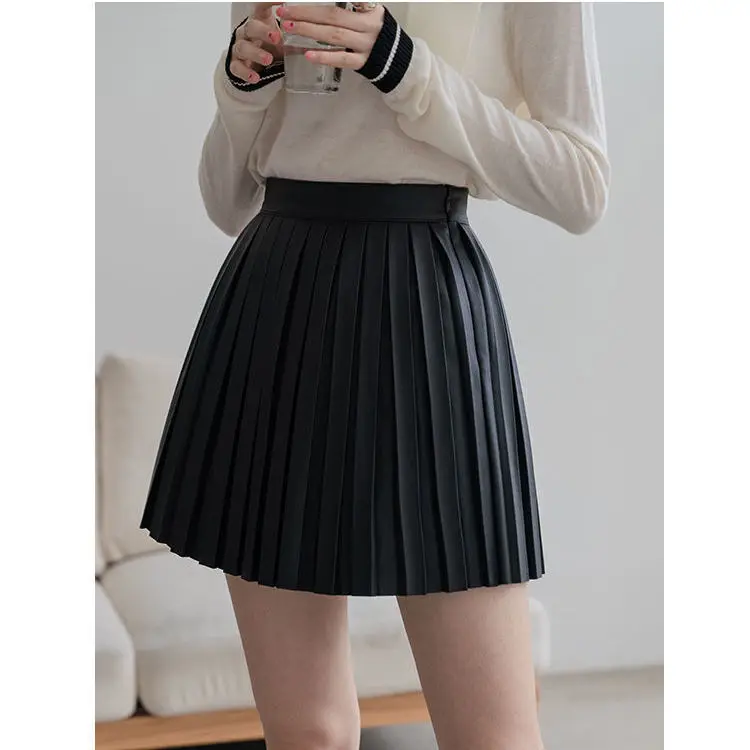 2023 leather skirt skirt women's spring and autumn new high waist thin PU leather pleated skirt A-line short skirt small size