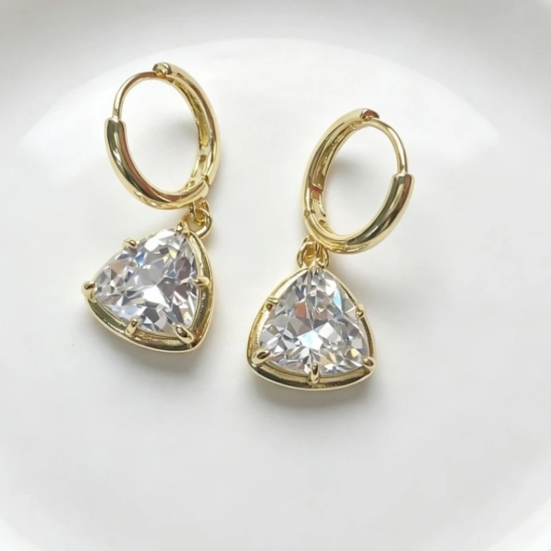 Invisible Setting Gold Color Earrings Cubic Zirconia Inverted Triangle Copper Approx 32mm Jewelry Special Gift