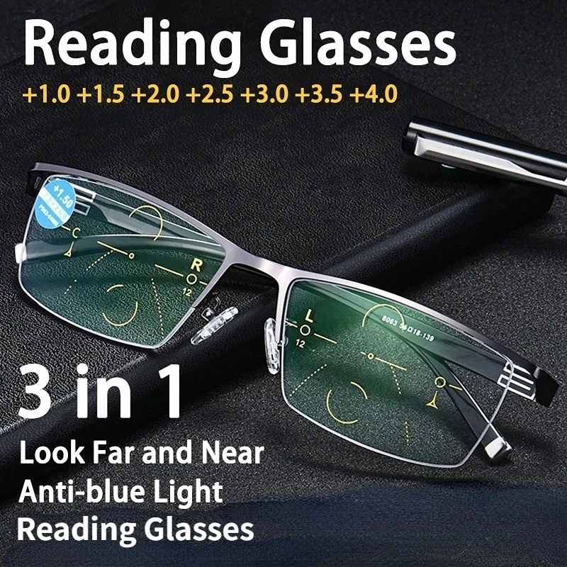 1pc Männer Halbrahmen Rechteckige Lesebrille Metallrahmen 3 in 1 Presbyopie Brille Leichte Anti-Blau Fern und Nah Dual-Use