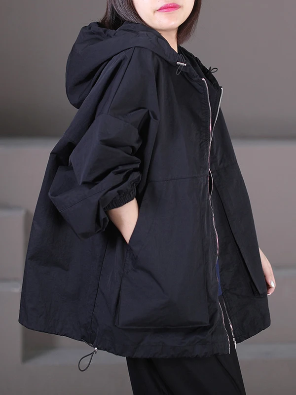 

Loose Large Size Artistic ort Windbreaker Coat with Dstring And Zipper Side kets Casual Sle Women's Outerwear