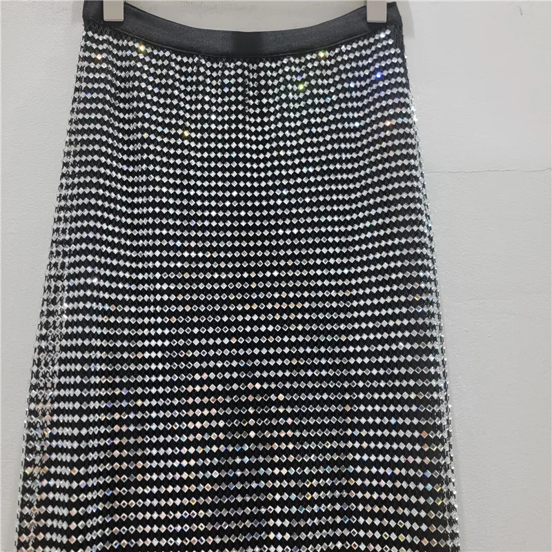 HKSH Women Skirt Tide Fashion Heavy Diamonds Hollow Out Skirts Trendy Versatile O-neck Long Sleeves Mesh Stylish T-shirt HK25613