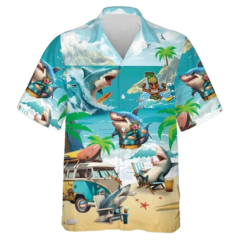 Hawaiian Shark Shirt for Children\'s Boy\'s Clothing Funny Animal Graphic Beach Shirt Lapel Blouse Vacation Short Sleeve Tops