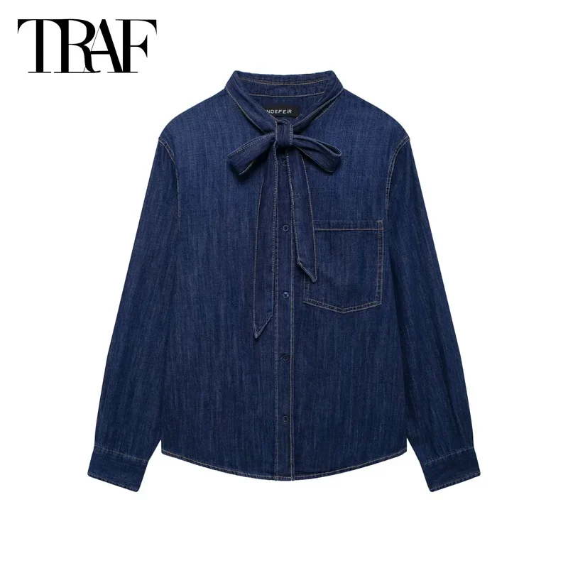 TRAF Blue Denim Shirt Women' Blouse 2024 Autumn Butterfly Lace-Up Shirts&Blouses Elegant Casual Long Sleeve Button Up Shirts