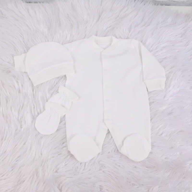 Soft Cotton Newborn Blank Romper 0-9 Months 3Pcs All White Plain Footed Jumpsuit Hat Mittens Set DIY Custom Baby Gift