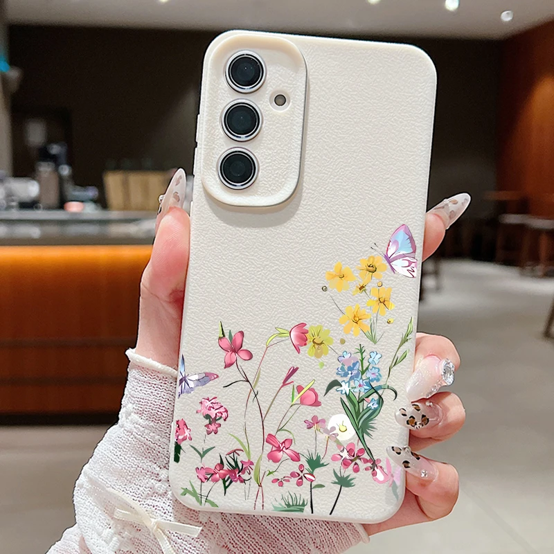 Bunte Blume Silikon Hülle für Samsung Galaxy S25 Edge S24 FE S23 S22 S21 Ultra A17 A56 A55 A36 A15 A16 Leder Textur Cover