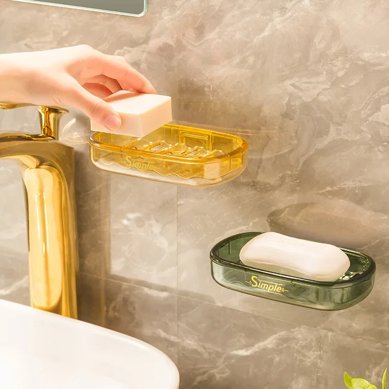 Light Luxury Double Drain Soap Dish Home Bathroom Wall Soap Holder Wall Mounted No Punch Soap Rack Soap Box Drain Soap Holder