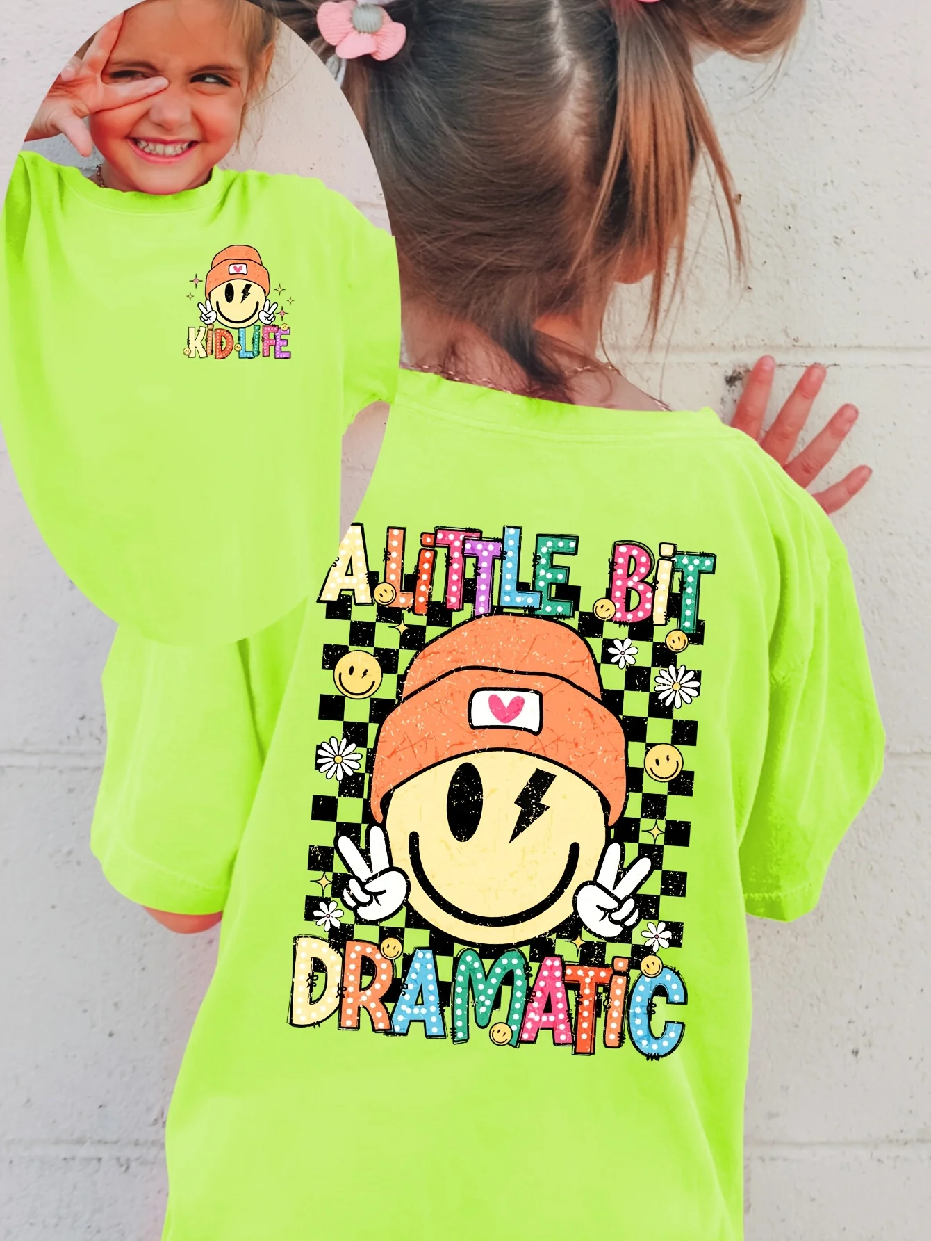 Children's Checkerboard Element A LITTLE BIT DRAMATIC Letter Printed Pattern Casual T-shirt Fashionable Outdoor Parent-child Top