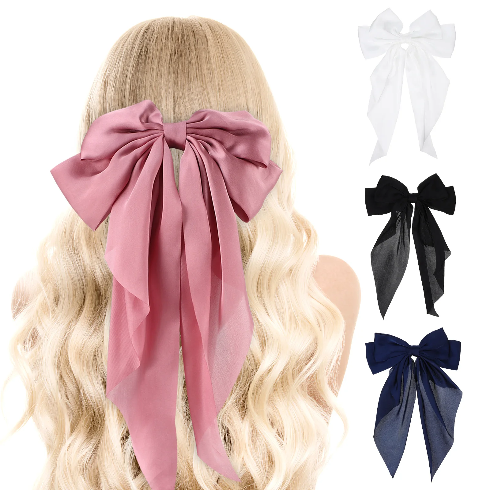 

Набор из 4 больших заколок-бантов из гладкого атласа с длинным хвостом для женщин, для церемоний, банкетов, фотосессий