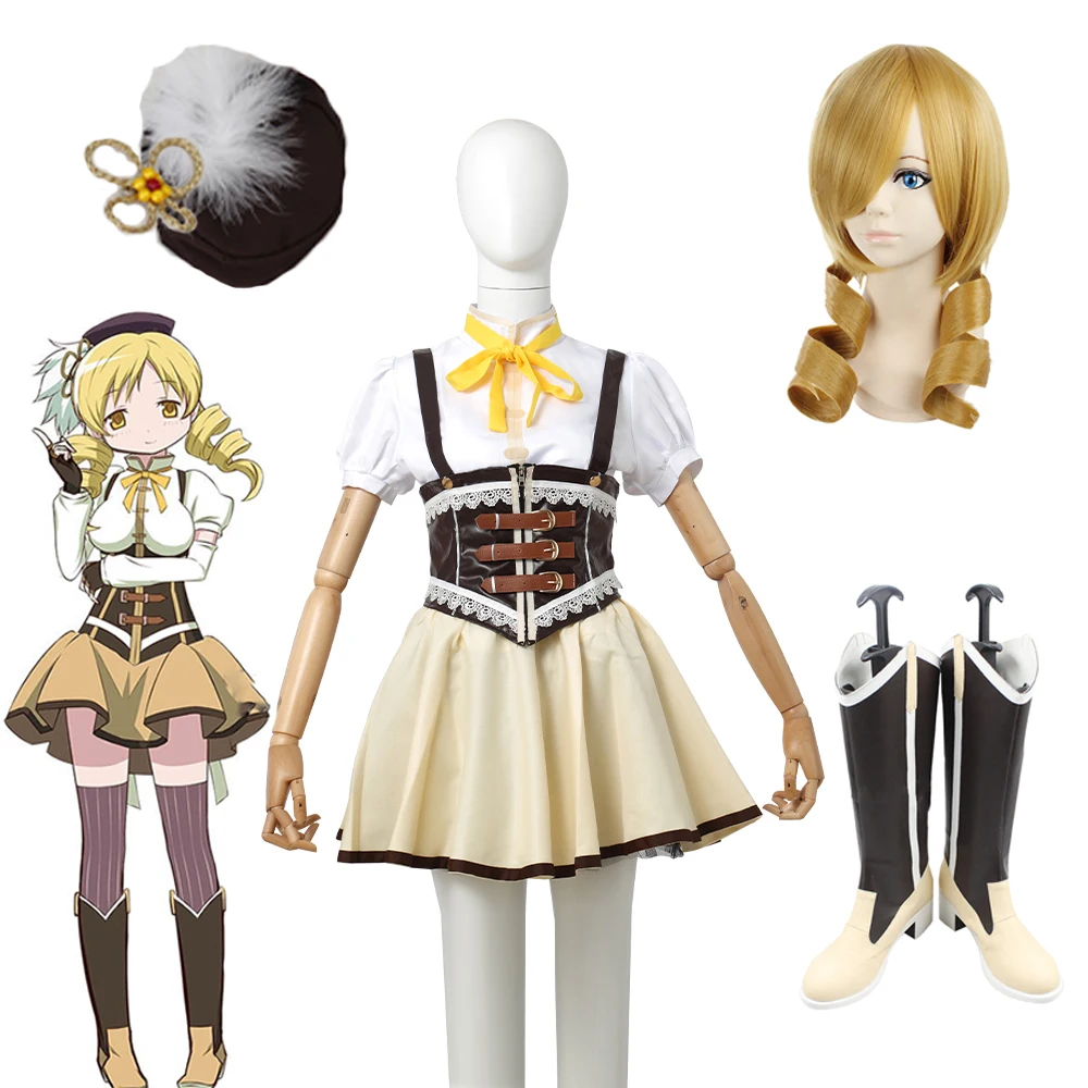 

Аниме Puella Magi Madoka Magica Косплей Tomoe Mami Косплей Костюм Полный комплект шляпа носки парик обувь Карнавальная Вечеринка наряды