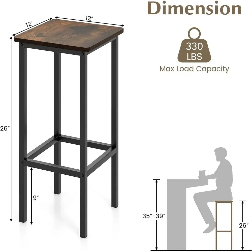 Set of 4 Industrial-Style Counter Height Bar Stools with Footrest, Rustic Brown Finish, Suitable for Breakfast Bar, Kitchen Isla - view 3