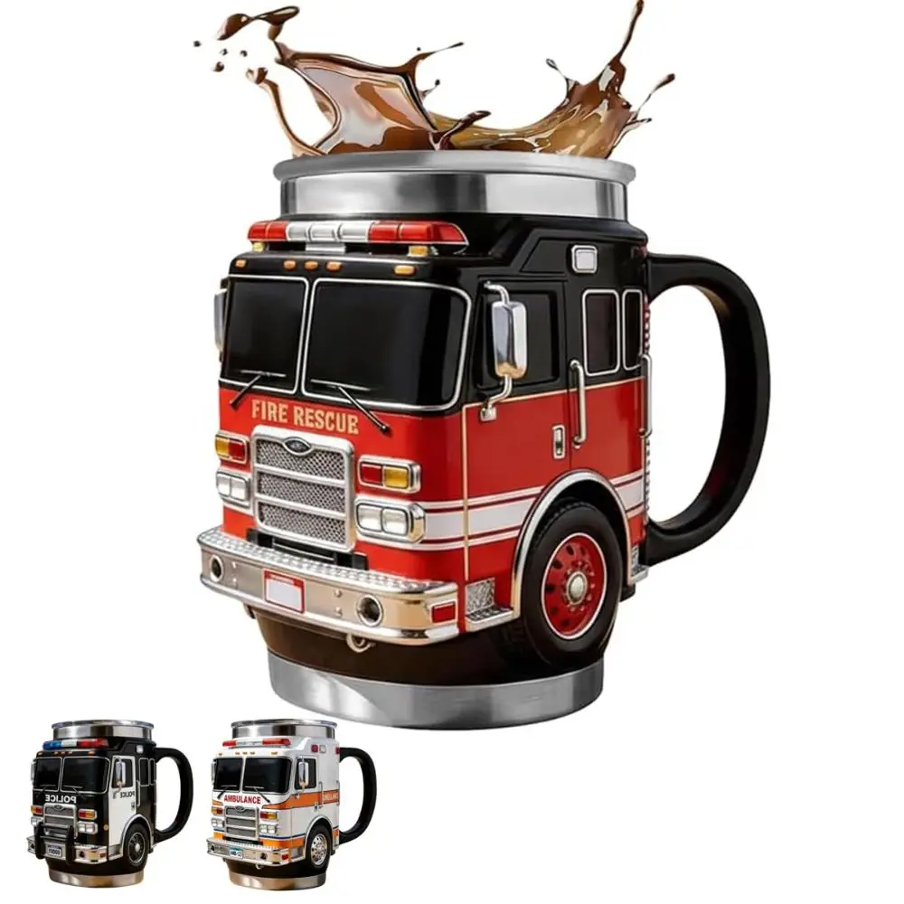 450ML Capacity Fire Rescue Mug Stainless Steel Handcrafted 3D Fire Truck Mug Ambulance/Police Car Designs
