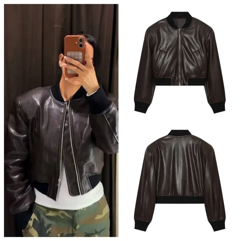 Guobioziy Guobioziy Minimalist Style Faux Leather Bomber Jacket for Women Long Sleeve Ribbed Trims Short Coat Autumn Winter - Aliexpress Deal