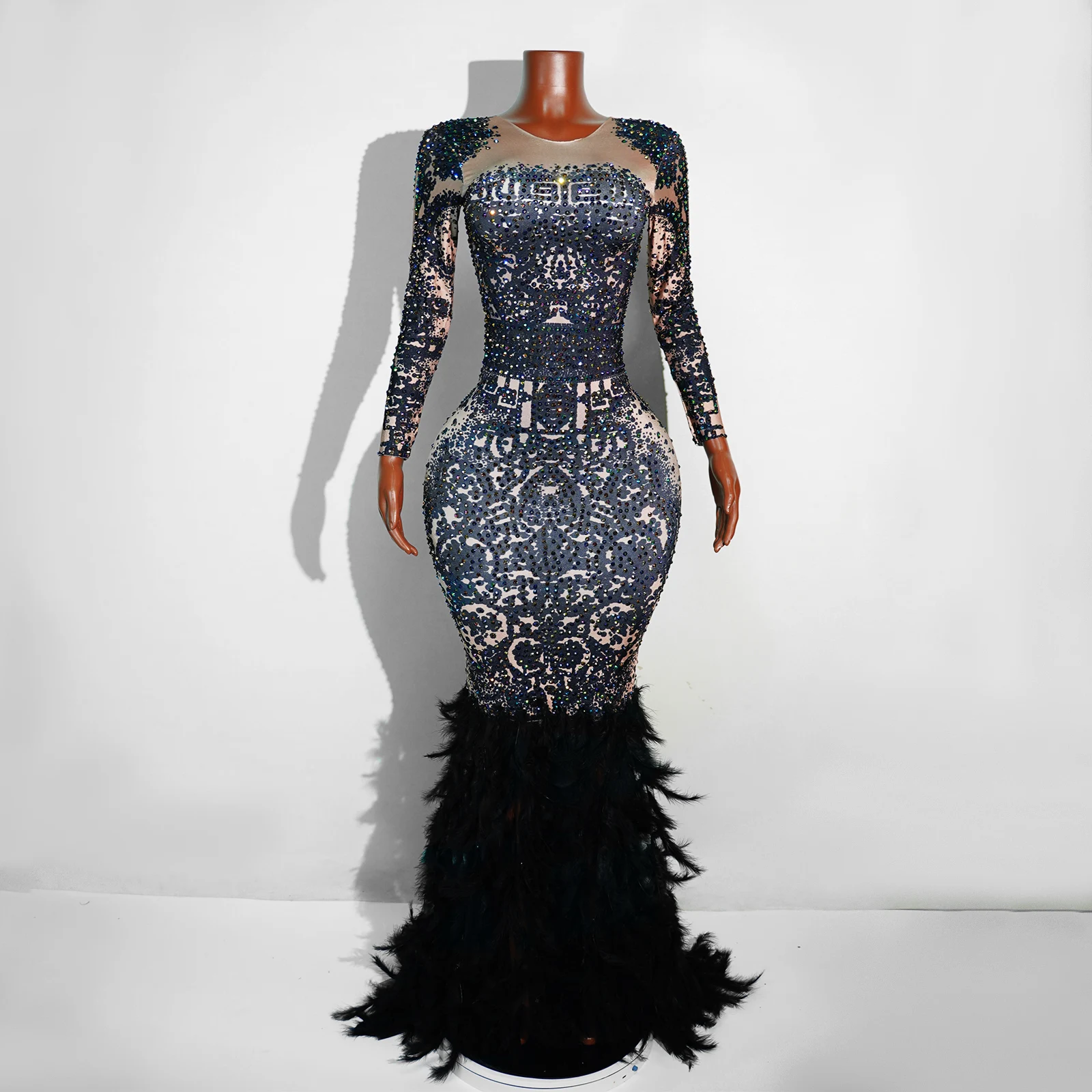 ชุดเดรสยาวทรงหางปลาประดับขนนกสีดำหรูหรา ผ้าทูลล์ซีทรู สำหรับนักร้องหญิง ดีเจ งานแสดงบนเวที งานปาร์ตี้วันเกิด