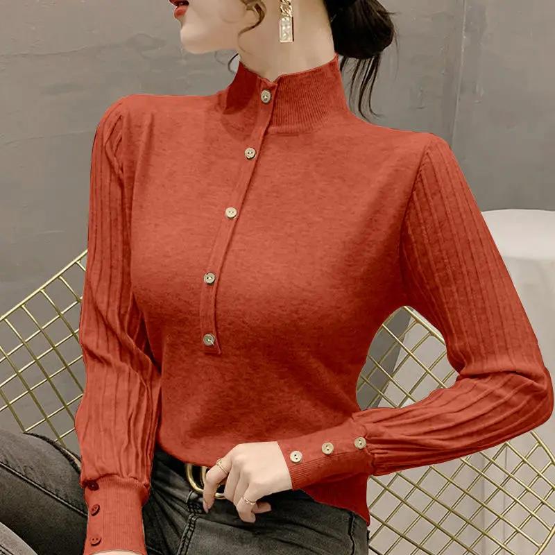 Women Korean Fashion Half High Collar Elegant Knitwear Autumn Winter Ladies Solid Slim Pullover Tops Long Sleeve Knitted Sweater