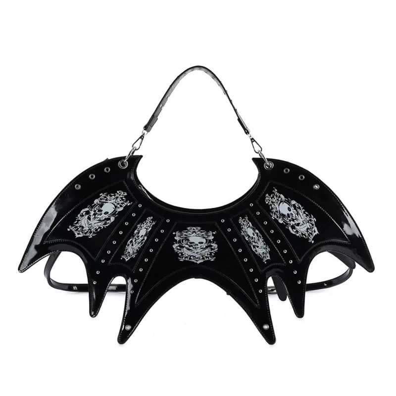Gothic Bat Wing Bag Black Leather, Shoulder Handbag Crossbody Backpack Skull Rivet, Punk Cosplay Festival Tote Purse Accessories