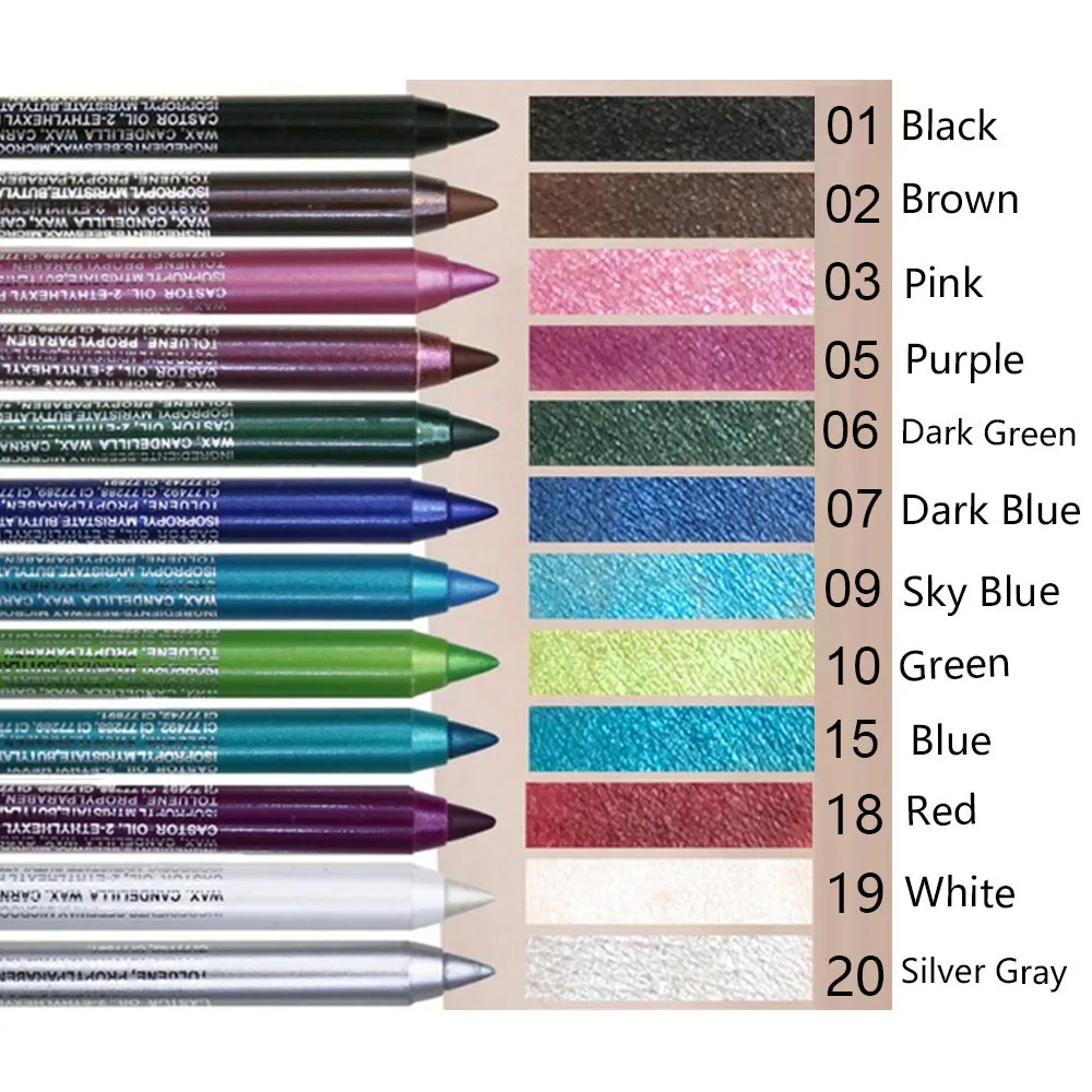 14-farbiger, langlebiger Eyeliner-Stift, wasserfestes Pigment, grün-brauner Eyeliner, freundlich, glatt, hochpigmentiertes Punk-Augen-Make-up