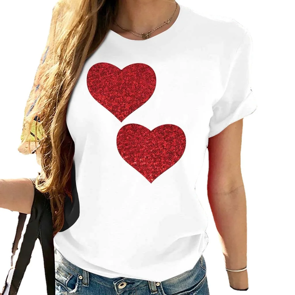 Cotton 100% New Love Print Fashion Basic Loose Simple T-shirt Women Short Sleeve Oversized T Shirt  Tops  Women Clothes