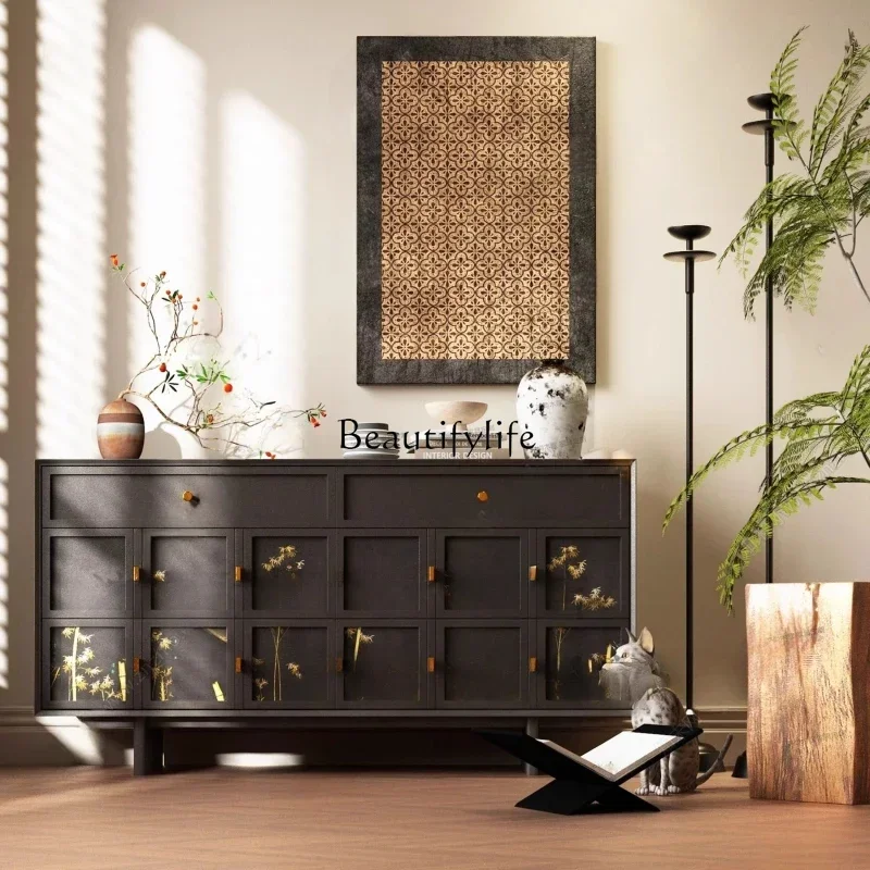 LXFrench retro solid wood dining side cabinet, antique bamboo painted hand-painted locker in living roomLSSS