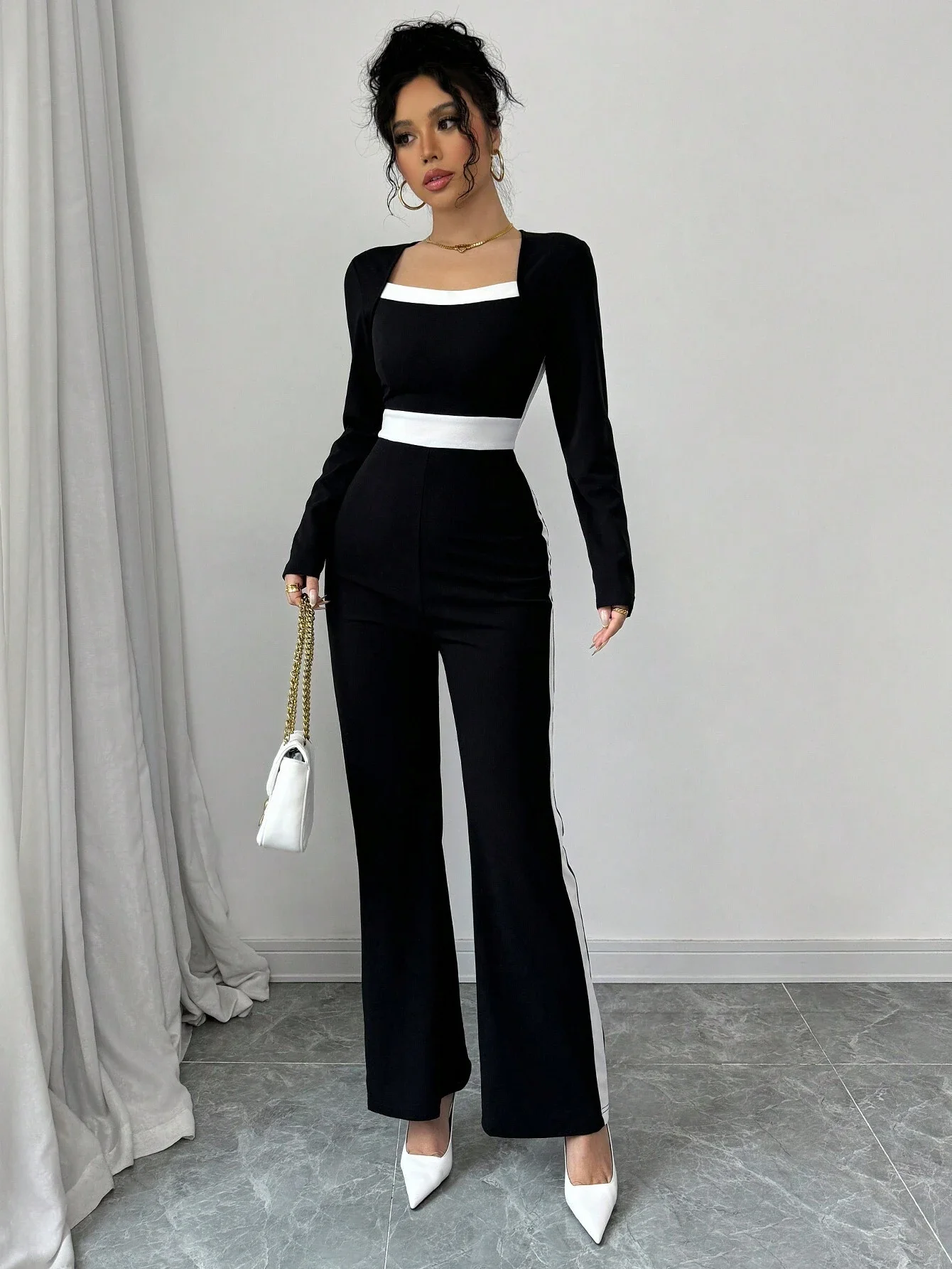 Europäischer und amerikanischer Damen-Frühlings- und Herbst-Damen-Overall mit elegantem Temperament, Patchwork, langärmelig, quadratischem Ausschnitt und schmaler Passform