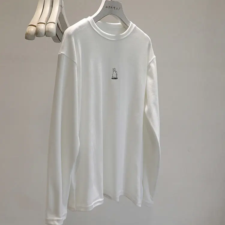 Women's Long Sleeve T-Shirt Embroidered Rabbits Fleece Finish Comfortable Base Layer Shirt Korean Style Winter New Arrival
