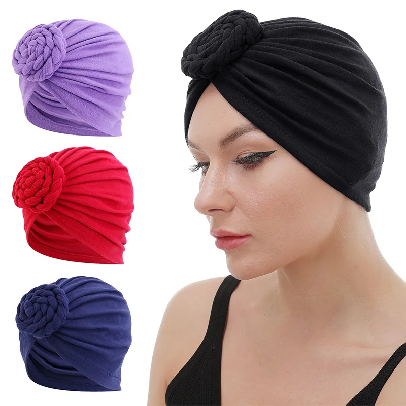 2024 New pure Color bow Baotou hat elastic fabric Wearing a Comfortable Ruffled Chemo hat for air-proof Suitable for the whole S