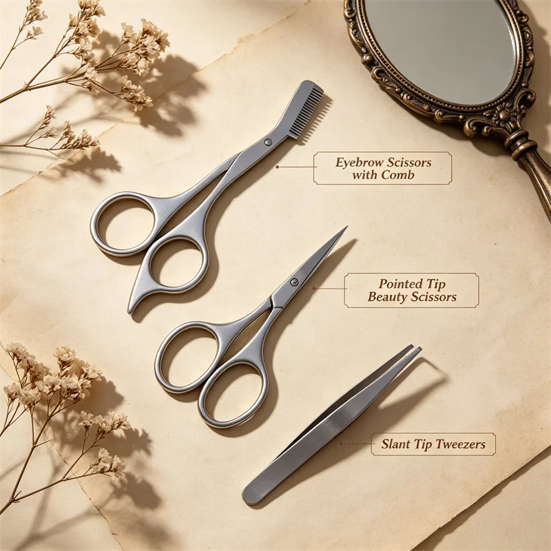 3 in 1 Eyebrow Trimming Set, Stainless Steel Tweezers, Eyebrow Scissors & Nose Scissors, Portable Leather Storage Pouch with Mir