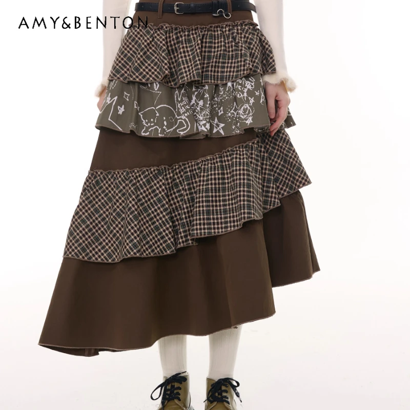 

Autumn Winter New Design Mid-Length High Waist Slimming Irregular Women's Long Skirt Vintage Splicing Brown Half Skirts Ladies