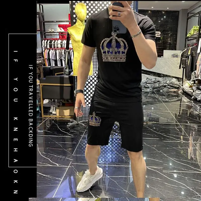 Men's short-sleeved black shorts set, new summer clothing, European station trendy brand hot diamond top, spiritual guy