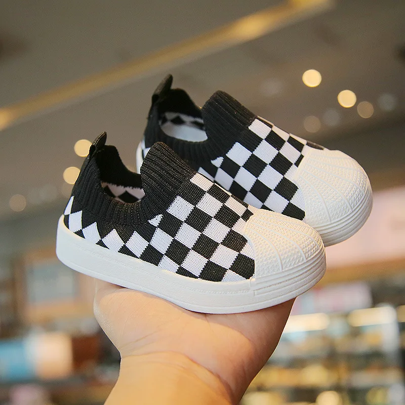 

2022 Spring and Autumn New Children's Soft-soled Toddler Shoes Girls Flying Woven Plaid Single Shoes Boys Shoes Baby Shoes