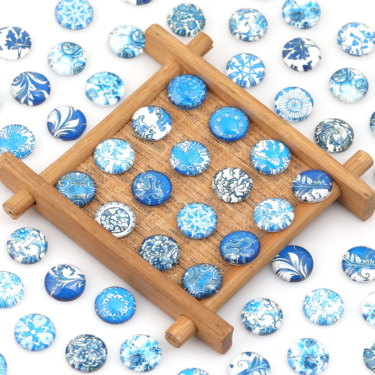 15/30pcs Random Pattern Blue White Floral Glass Cabochons 12mm For Bracelet Jewelry DIY Craft Making